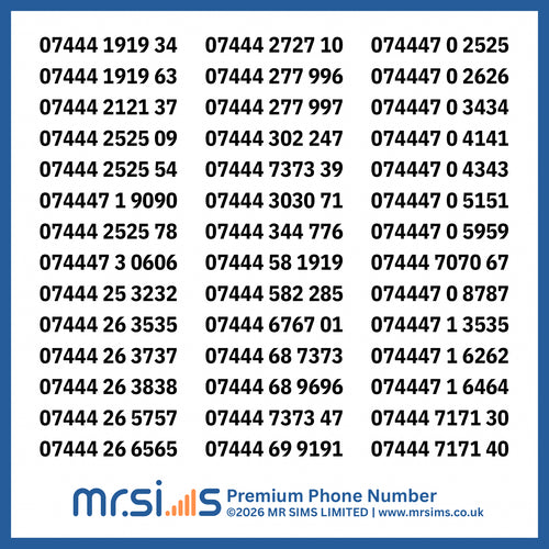 List of phone numbers with MR Sims Limited branding on a blue background